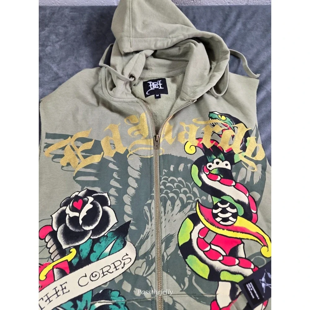Ed Hardy Jacket Vest Mens Medium Full Zip Sleeveless‎ Dagger Tattoo Snake Hoodie